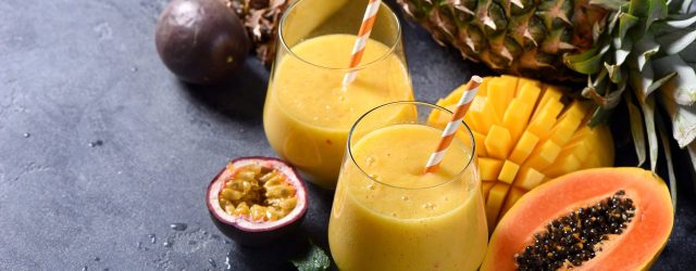 Mango,And,Papaya,Smoothie,With,Tropical,Fruits,,Pineapple,And,Passion