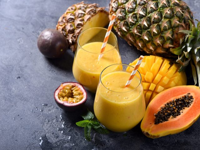 Mango,And,Papaya,Smoothie,With,Tropical,Fruits,,Pineapple,And,Passion